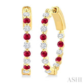 2 MM Round Cut Ruby and 1/2 Ctw Round Cut Diamond Precious Inside-Out Alternating Hoop Earrings in 14K Yellow Gold