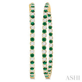 2.3 MM Emerald and Alternating 2 1/2 Ctw Round Cut Inside-Out Diamond Precious Hoop Earrings in 14K Yellow Gold