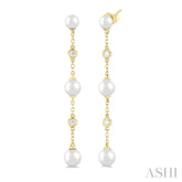 4 MM, 5 MM & 6 MM Round Shape Cultured Pearls and 1/10 Ctw Round Cut Diamond Station Long Earring in 14K Yellow Gold