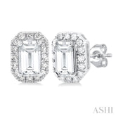 5x3 MM Octagonal Shape White Topaz and 1/8 Ctw Single Cut Diamond Halo Semi-Precious Stud Earrings in 10K White Gold