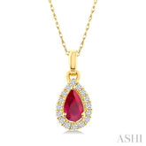 5x3 MM Pear Shape Ruby and 1/20 Ctw Round Cut Diamond Halo Precious Pendant with Chain in 14K Yellow Gold