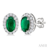5x3 MM Oval Shape Emerald and 1/8 Ctw Single Cut Diamond Halo Precious Stud Earrings in 14K White Gold