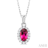 5x3 MM Oval Shape Pink Tourmaline and 1/20 Ctw Round Cut Diamond Halo Semi-Precious Pendant with Chain in 14K White Gold