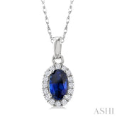 5x3 MM Oval Shape Sapphire and 1/20 Ctw Single Cut Diamond Halo Precious Pendant with Chain in 14K White Gold