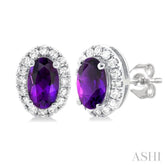 5x3 MM Oval Shape Amethyst and 1/8 Ctw Round Cut Diamond Halo Semi-Precious Stud Earrings in 10K White Gold