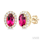 5x3 MM Oval Shape Pink Tourmaline and 1/8 Ctw Round Cut Diamond Halo Semi-Precious Stud Earrings in 10K Yellow Gold