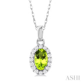 5x3 MM Oval Shape Peridot and 1/20 Ctw Single Cut Diamond Halo Semi-Precious Pendant with Chain in 10K White Gold