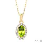 5x3 MM Oval Shape Peridot and 1/20 Ctw Round Cut Diamond Halo Semi-Precious Pendant with Chain in 10K Yellow Gold