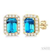 6x4 MM Octagonal Shape Blue Topaz and 1/4 Ctw Round Cut Diamond Halo Semi-Precious Stud Earrings in 14K Yellow Gold