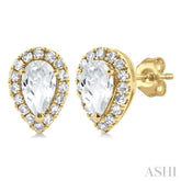 5x3 MM Pear Shape White Topaz and 1/8 Ctw Single Cut Diamond Halo Semi-Precious Stud Earrings in 14K Yellow Gold