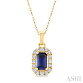5x3 MM Octagonal Shape Sapphire and 1/20 Ctw Round Cut Diamond Halo Precious Pendant with Chain in 14K Yellow Gold