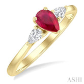 1/5 Ctw 3-Stone Pear Cut 6X4MM Ruby and Pear Cut Diamond Precious Ring in 14K Yellow Gold