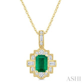 6X4 MM Octagon Shape Emerald and 1/4 Ctw Round and Baguette Cut Diamond Precious Pendant With Chain in 14K Yellow Gold