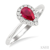 6x4 MM Pear Shape Ruby and 1/6 Ctw Round Cut Diamond Halo Precious Ring in 14K White Gold