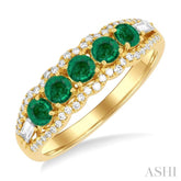 3.1 MM Round Emerald and 1/4 Ctw Baguette and Round Cut Diamond 5-Stone Precious Ring in 14K Yellow Gold