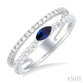 5x2.5 MM Marquise Shape Sapphire and 1/5 Ctw Round Cut Diamond Precious Split Twin Ring in 10K White Gold