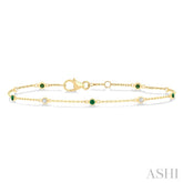 1.8 MM Emerald and 1/10 Ctw Bezel Set Round Cut Diamond Precious Gemstone Station Bracelet in 14K Yellow Gold