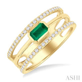 5x3 MM East- West Emerald and 1/4 Ctw Round Cut Diamond Triple Split Precious Ring in 10K Yellow Gold