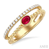 4x3 MM Oval Shape Ruby and 1/5 Ctw Round Cut Diamonds Precious Fashion Split Twin Ring in 10K Yellow Gold
