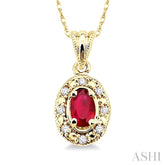 5x3 MM Oval Shape Ruby and 1/20 Ctw Round Cut Diamond Pendant in 10K Yellow Gold with Chain
