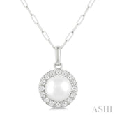 6 MM Cultured White Pearl and 1/6 Ctw Round Cut Diamond Halo Pendant With Chain in 10K White Gold