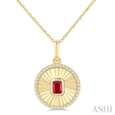 4X3 MM Octagon Shape Ruby and 1/8 Ctw Round Cut Diamond Precious Fluted Medallion Pendant in 10K Yellow Gold with Chain