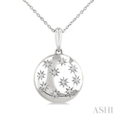 1/10 Ctw Bold Star Engraved Puffed Round Round Cut Diamond Pendant With Chain in Sterling Silver