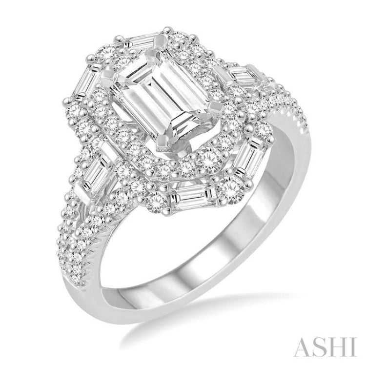 1 1/10 Ctw Emerald Shape Baguette and Round Cut Diamond Semi-Mount Engagement Ring in 14K White Gold