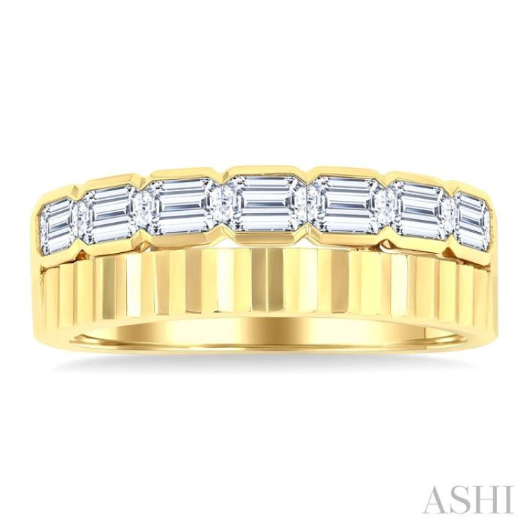1 Ctw Pyramid Accents and Bezel Set Emerald Cut Diamond Bold Gold Fashion Wide Band in 14K Yellow Gold
