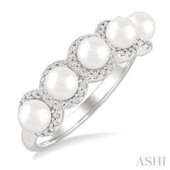 4 MM Round Shape Cultured Pearl and 1/5 Ctw Round Cut Diamond Halo Ring in 14K White Gold