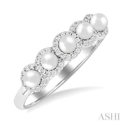 3 MM White Pearl and 1/6 Ctw Round Cut Diamond Halo Ring in 14K White Gold
