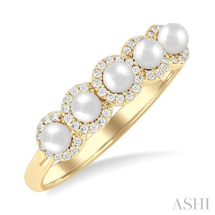 3 MM White Pearl and 1/6 Ctw Round Cut Diamond Halo Ring in 14K Yellow Gold