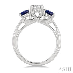 4.65 MM Round Shape Sapphire and 3/4 Ctw Past, Present and Future Round Cut Diamond Precious Ring in 14K White Gold