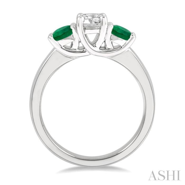 3.90 MM Round Shape Emerald and 1/2 Ctw Past, Present and Future Round Cut Diamond Precious Ring in 14K White Gold