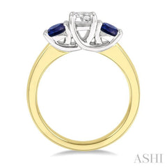 3.90 MM Round Shape Sapphire and 1/2 Ctw Past, Present and Future Round Cut Diamond Precious Ring in 14K Yellow and White Gold