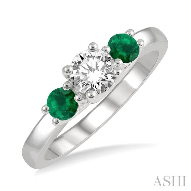 3.50 MM Round Shape Emerald and 3/8 Ctw Past, Present and Future Round Cut Diamond Precious Ring in 14K White Gold
