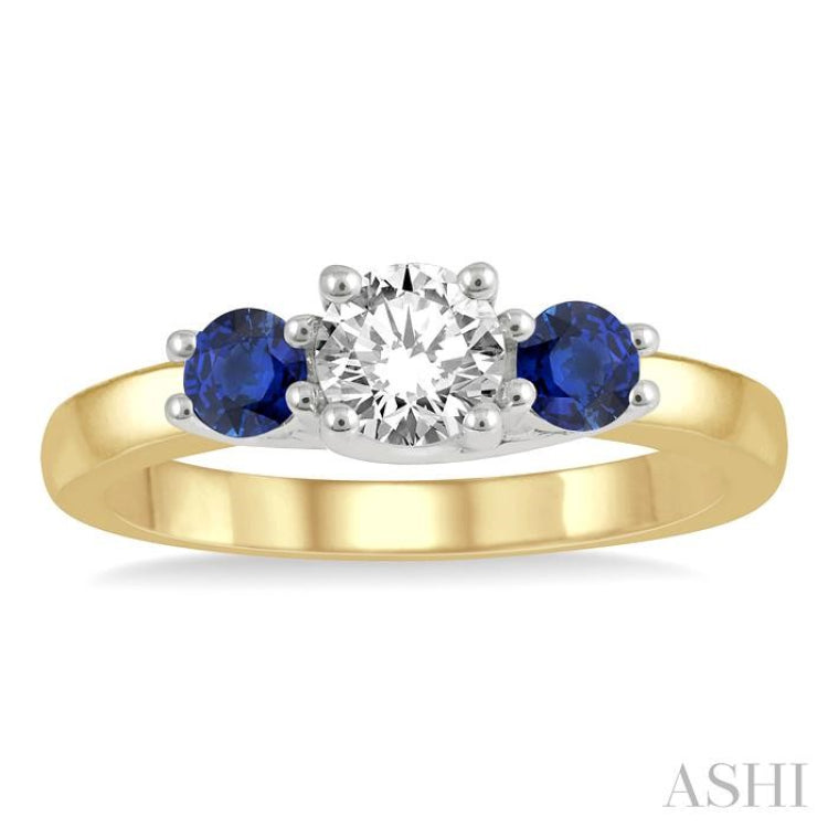 3.50 MM Round Shape Sapphire and 3/8 Ctw Past, Present and Future Round Cut Diamond Precious Ring in 14K Yellow and White Gold