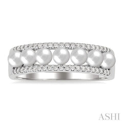 3 MM Cultured Pearl and 1/5 Ctw Round Cut Diamond Fashion Band in 14K White Gold