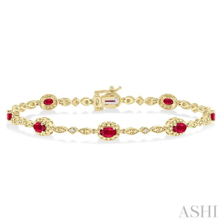 5x3 MM Oval Cut Ruby and 1/20 Ctw Round Cut Diamond Bracelet in 10K Yellow Gold