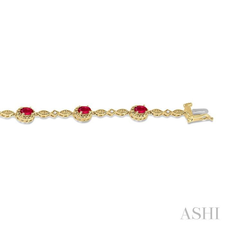 5x3 MM Oval Cut Ruby and 1/20 Ctw Round Cut Diamond Bracelet in 10K Yellow Gold