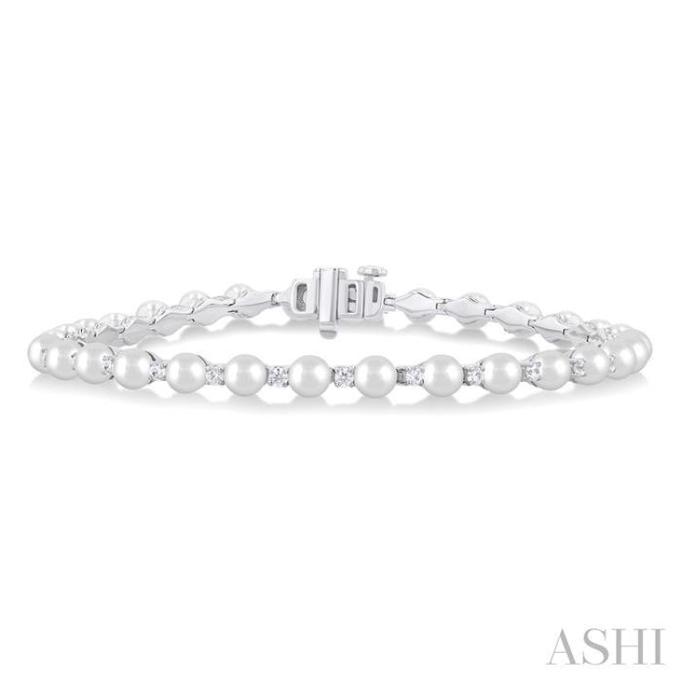 4 MM Round Shape Cultured Pearl and 3/4 Ctw Round Cut Diamond Tennis Bracelet in 14K White Gold