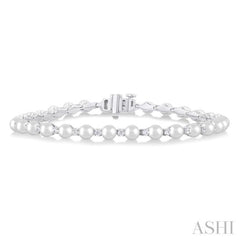 4 MM Round Shape Cultured Pearl and 3/4 Ctw Round Cut Diamond Tennis Bracelet in 14K White Gold