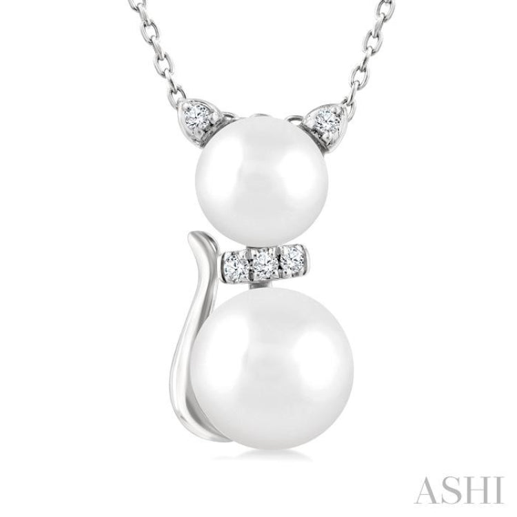 6&7 MM Cultured Pearl and 1/20 Ctw Round Cut Diamond Cat Shape Petite Fashion Pendant With Chain in 10K White Gold