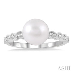8 MM Cultured Pearl and 1/10 Ctw Round Cut Diamond Ring in 14K White Gold