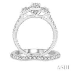 1 1/4 Ctw Diamond Wedding Set With 1 Ct Triple Oval Shape Past, Present & Future Engagement Ring and 1/4 Ct Curved Wedding Band in 14K White Gold