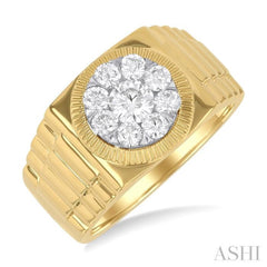 1 Ctw Flat Top Lovebright Round Cut Diamond Men's Ring in 10K Yellow and White Gold