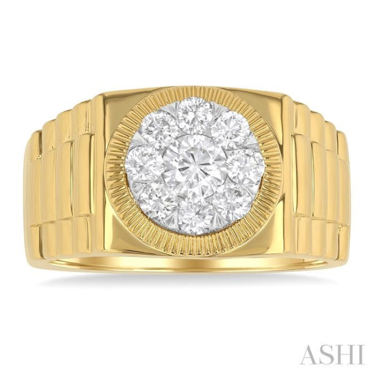 1 Ctw Flat Top Lovebright Round Cut Diamond Men's Ring in 10K Yellow and White Gold