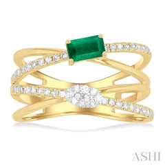 5x3 MM Emerald and 1/4 Ctw Round Cut Diamond Double Criss Cross Lovebright Precious Ring in 10K Yellow and White Gold
