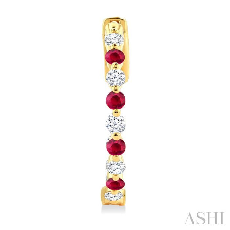 2 MM Round Cut Ruby and 1/2 Ctw Round Cut Diamond Precious Inside-Out Alternating Hoop Earrings in 14K Yellow Gold