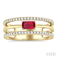 5x3 MM East-West Set Ruby and 1/4 Ctw Round Cut Diamond Precious Layered Fashion Ring in 10K Yellow Gold